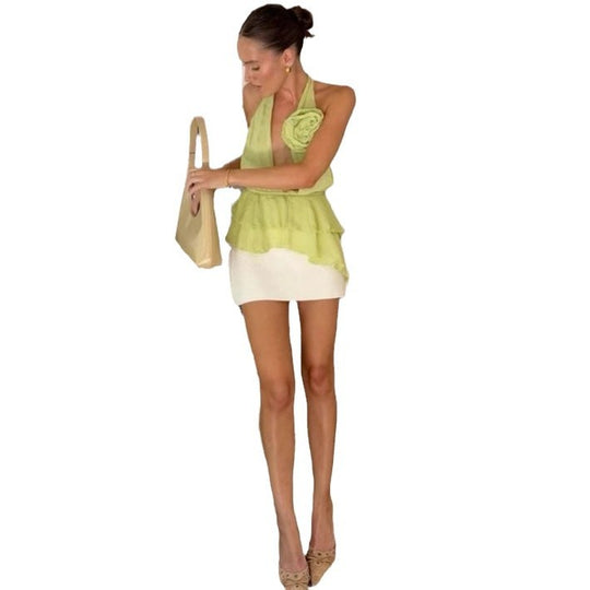 Damen Elegantes Oberteil mit Blumenapplikation und tiefem V-Ausschnitt EB