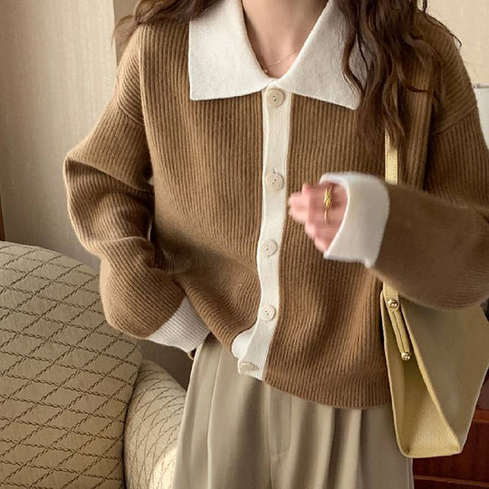 Damen Übergrößen Strickjacke mit kontrastierenden Kragen und Knopfdetail EB
