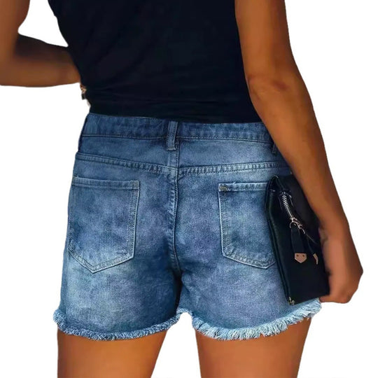 Damen Destroyed Denim-Shorts mit fransigen Taschen und modischen Aufnähern EB