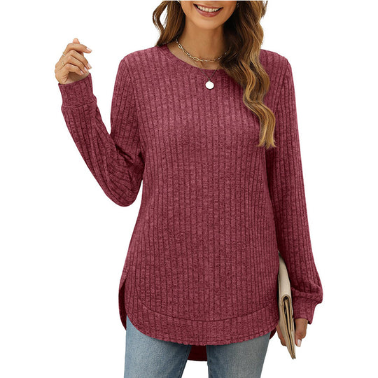 Damen Bequemer Ripp-Pullover mit seitlichen Schlitzen und Rundhals EB