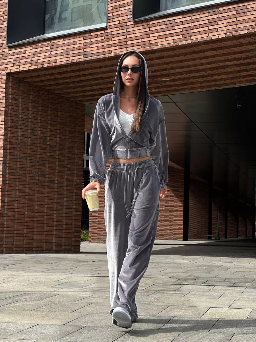 Damen weiches Velours-Lounge-Set mit kurzer Reißverschluss-Kapuzenjacke und weiter High-Waist-Hose EB