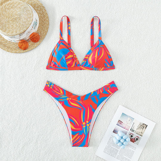 Damen Triangel-Bikini mit floralem Muster und hochgeschnittenen Höschen EB