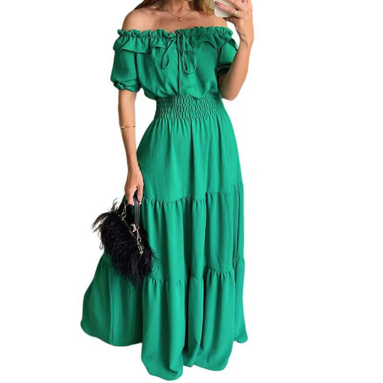 Damen Maxikleid mit Schulterfreiem Design und Voluminösen Rüschen EB
