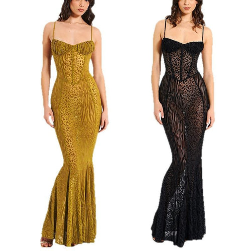 Damen Elegantes Abendkleid aus transparenter Spitze mit Leo-Muster EB