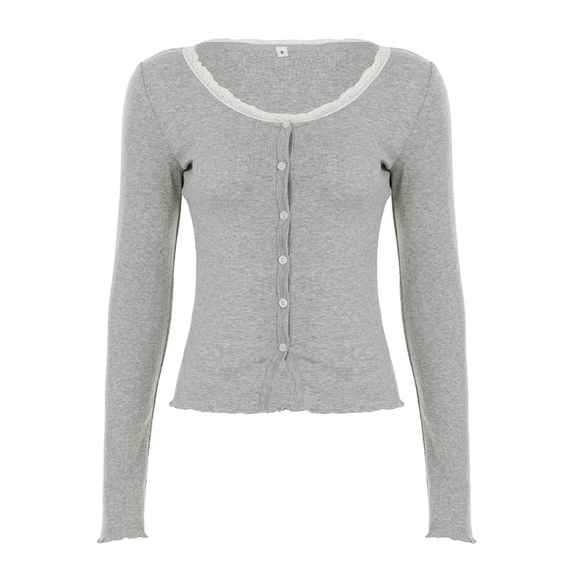 Damen nan feiner Kurzcardigan mit Knopfleiste, Spitzenkragen und welligem Saum EB