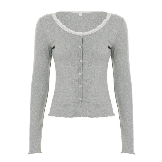 Damen nan feiner Kurzcardigan mit Knopfleiste, Spitzenkragen und welligem Saum EB