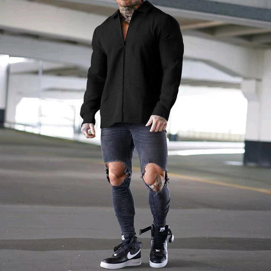 Herren lässiges Kurzarm-Hemd mit strukturiertem Design und modernem Reißverschluss EB