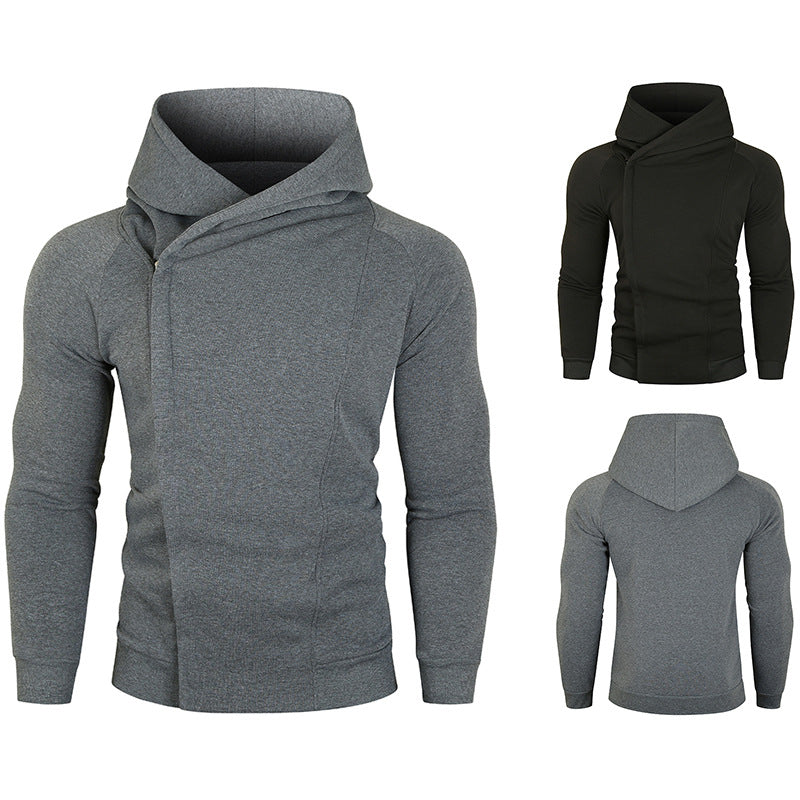 Herren nan asymmetrischer Kapuzenpullover mit Wickelkragen und verdeckter Knopfleiste, schlanke sportive Passform EB