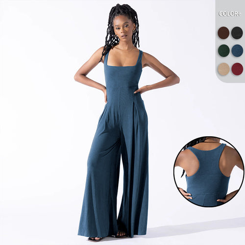 Damen Eleganter Jersey Jumpsuit mit weitem Bein und tiefem Ausschnitt EB