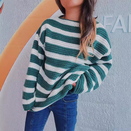 Damen lässiger Strickpullover mit blockierendem Streifenmuster und weitem Schnitt EB