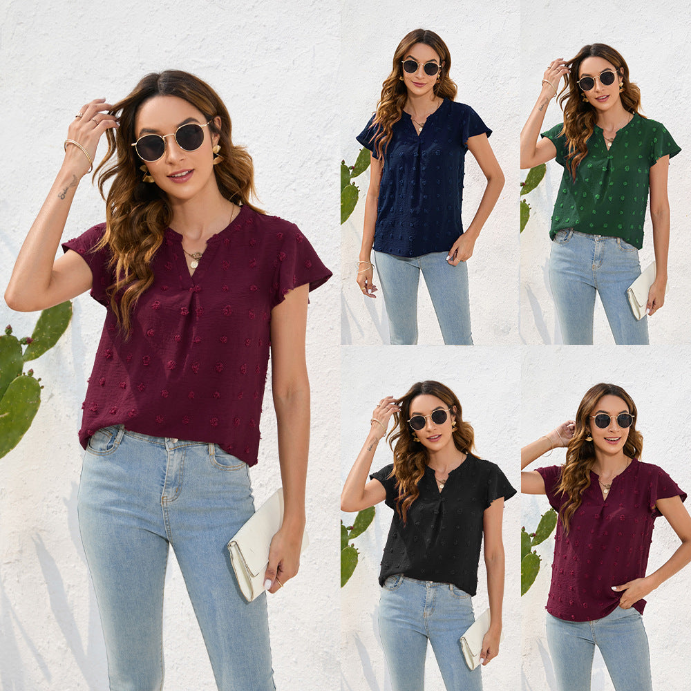 Damen Leichtes Kurzarmblusenshirt mit strukturiertem Material und eleganten Details EB