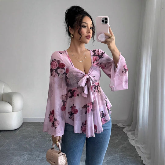 Damen luftige Bluse mit Blumenmuster EB