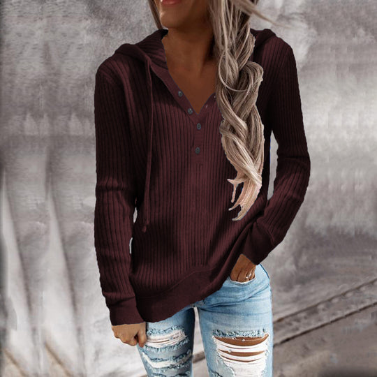 Damen Kapuzenpullover mit feinem Rippstrick und Knopfleiste EB