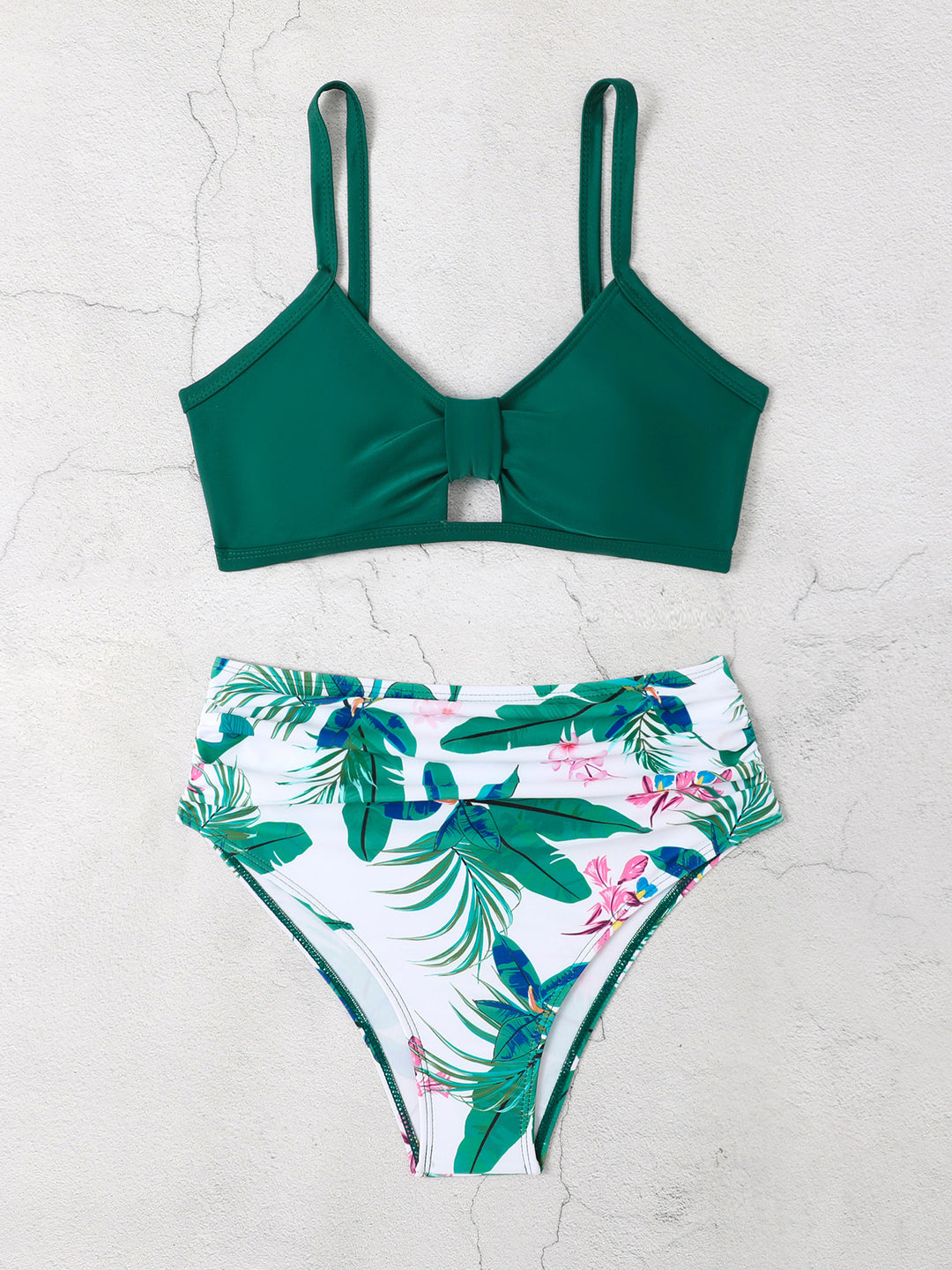 Damen Bikini-Set mit floralem Hochbund und modischem Knoten EB
