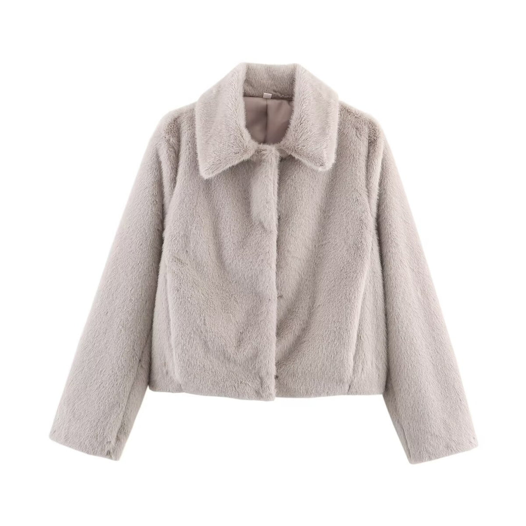 Damen nan kurz geschnittene vegane Webpelz-Jacke mit breitem Umlegekragen und verdeckter Druckknopfleiste EB