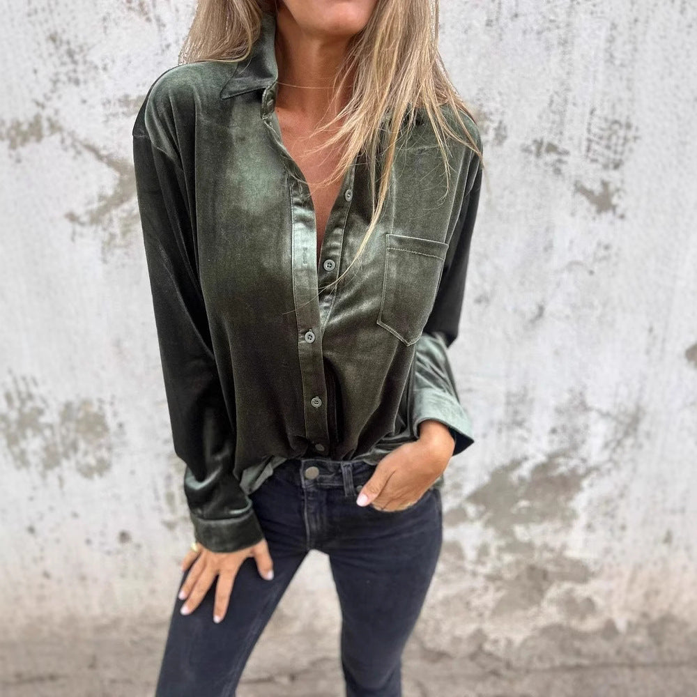Damen Elegante Samtbluse mit klassischem Hemdkragen und langen Ärmeln EB