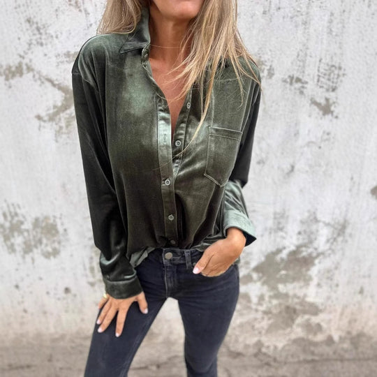 Damen Elegante Samtbluse mit klassischem Hemdkragen und langen Ärmeln EB