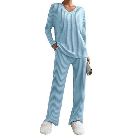 Damen lässiger Strickanzug mit V-Ausschnitt und praktischen Taschen EB