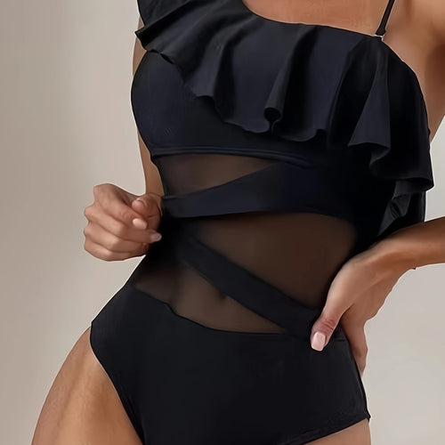 Damen Einteiler Badeanzug mit asymmetrischem Rüschendesign und eleganten Cut-Out-Details EB