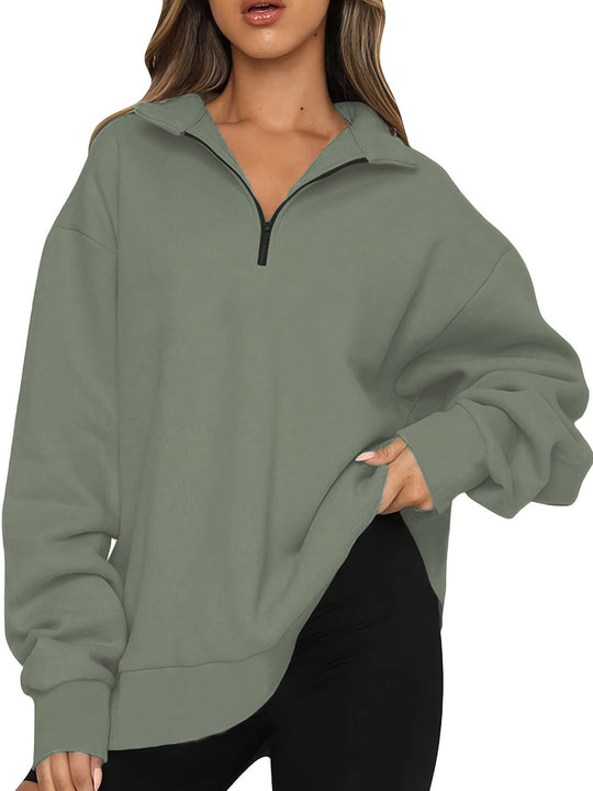 Damen nan Oversized Sweatshirt mit Kurzreißverschluss, Stehkragen und Kängurutasche EB