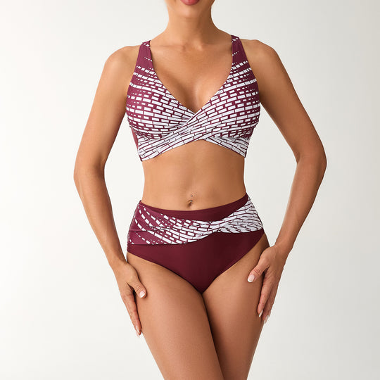 Damen Hochtailliertes Bikini-Set mit geschnürtem Oberteil und grafischen Akzenten EB