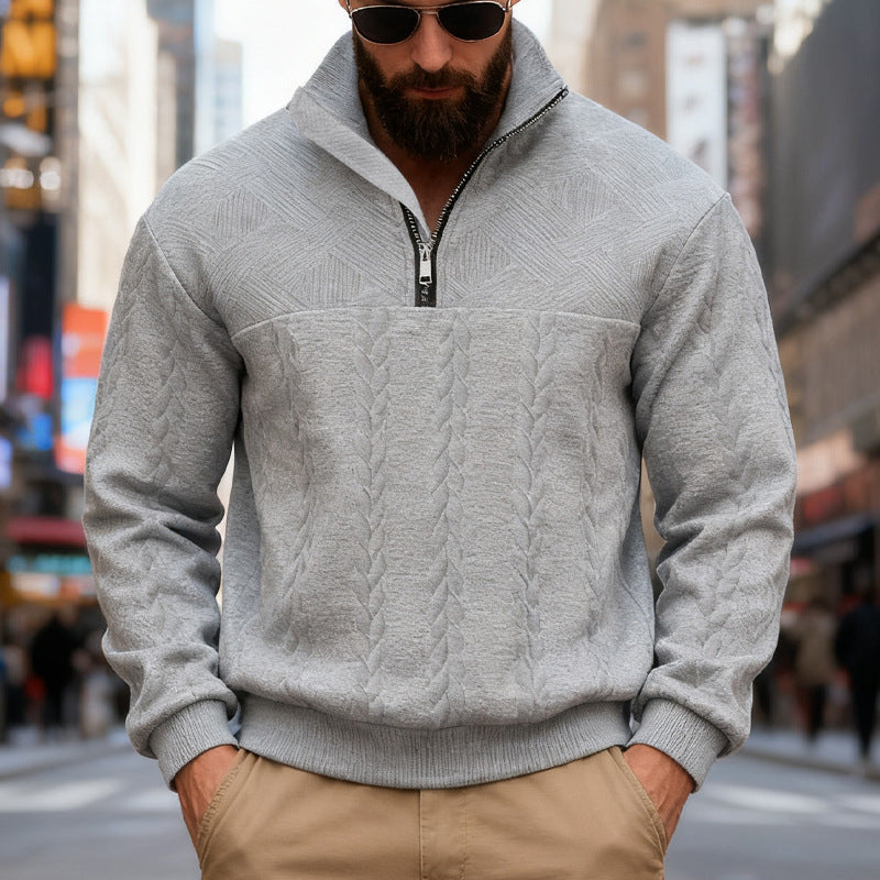 Herren nan strukturiertes Halfzip-Strickpullover mit Zopfmuster und hohem Stehkragen EB