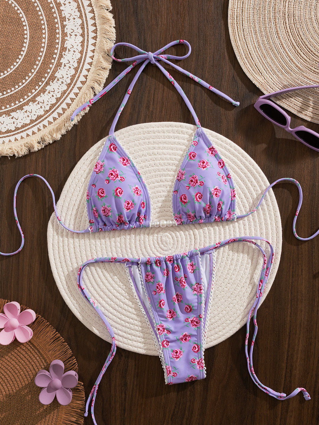 Damen Triangel-Bikini mit floralem Druck und verspielten Rüschen EB