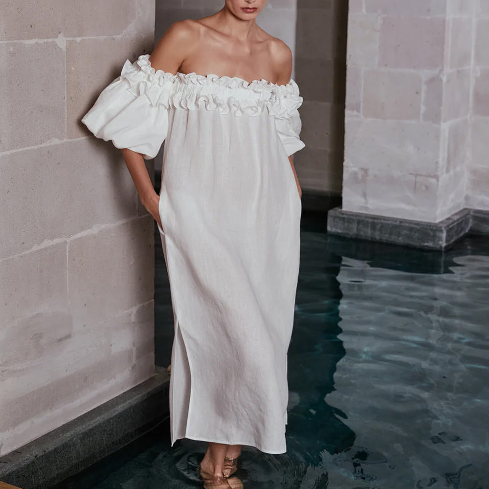 Damen Off-Shoulder Sommerkleid mit Rüschendetails EB