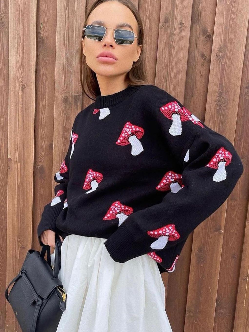 Damen weiter Strickpullover mit Pilzmotiv Rundhals Rippbündchen Eichborn Berlin