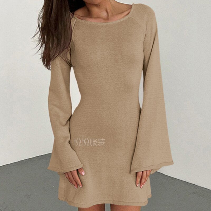 Damen elegantes Strickkleid mit weitem Ärmel und figurbetonter Silhouette EB