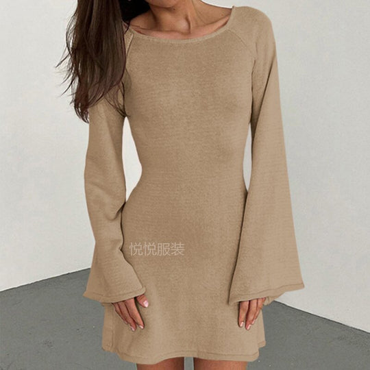Damen elegantes Strickkleid mit weitem Ärmel und figurbetonter Silhouette EB
