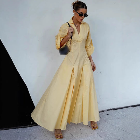 Damen Hemdblusenkleid mit elegantem V-Ausschnitt und weiten Ärmeln EB
