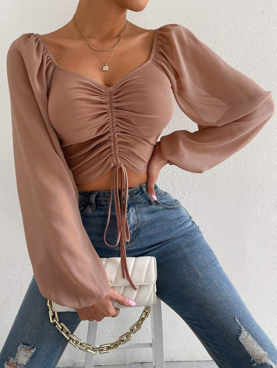 Damen Crop-Top mit strukturiertem Körper und eleganten Puffärmeln EB