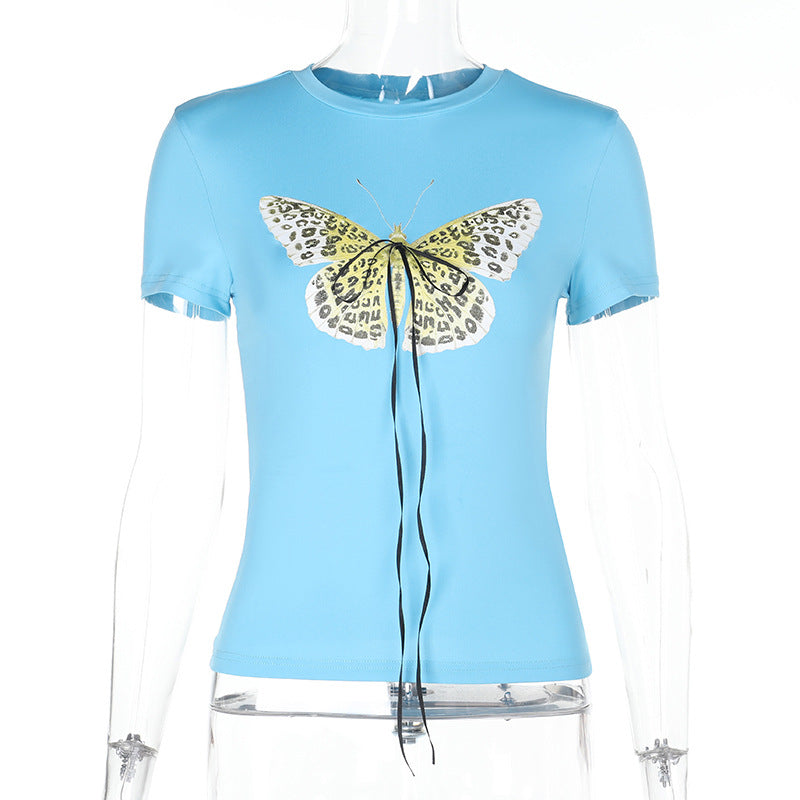 Damen Basic T-Shirt mit lebendigem Schmetterlingsdruck und verstellbarem Kordelzug EB