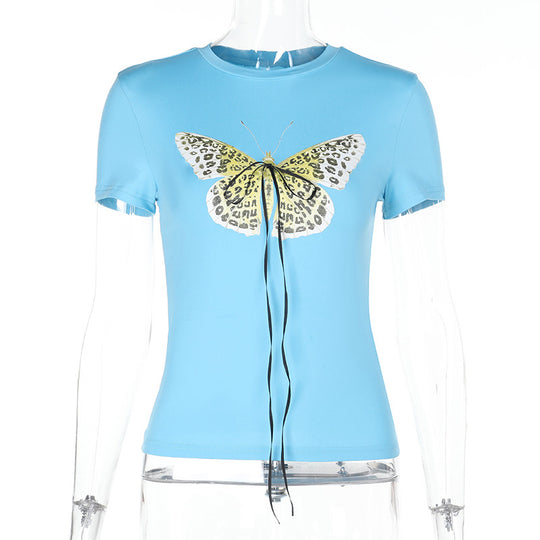 Damen Basic T-Shirt mit lebendigem Schmetterlingsdruck und verstellbarem Kordelzug EB