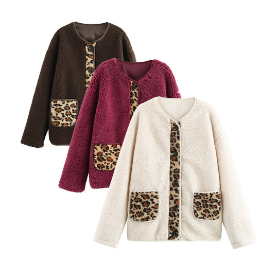 Damen kuschelige Teddyjacke mit tierischem Muster und praktischen Pattentaschen EB