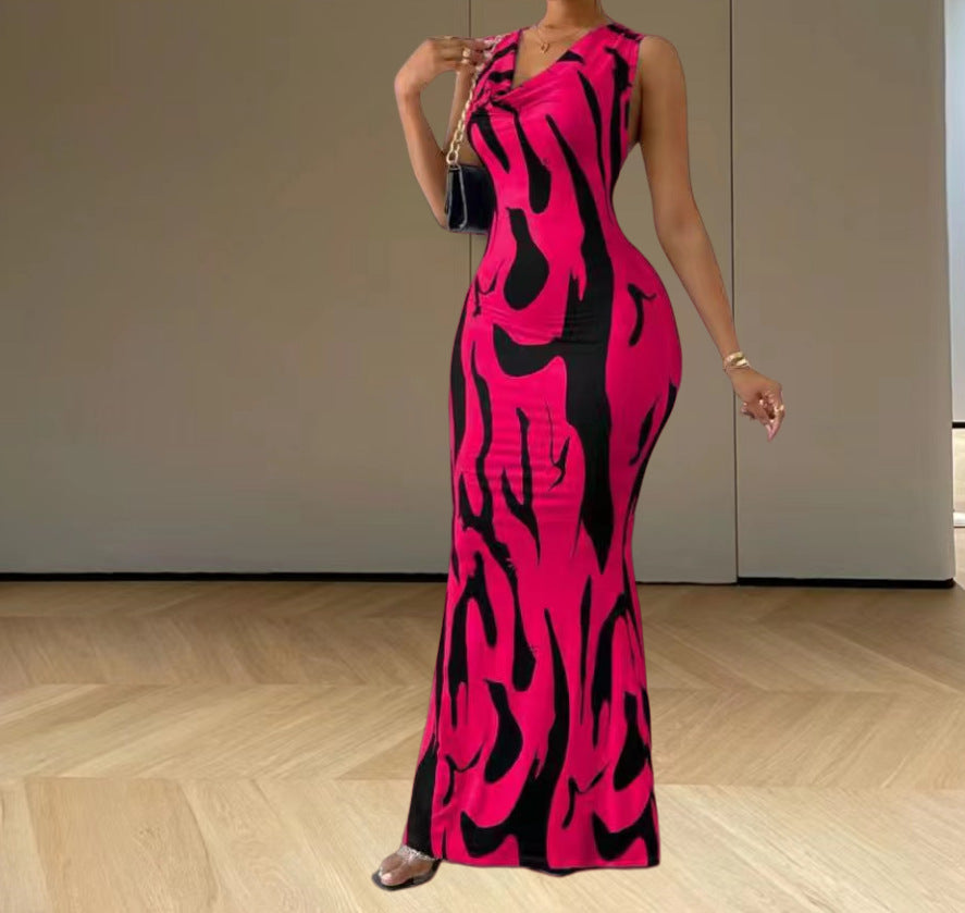 Damen elegantes Maxikleid mit figurbetontem Schnitt und trendigem Muster EB