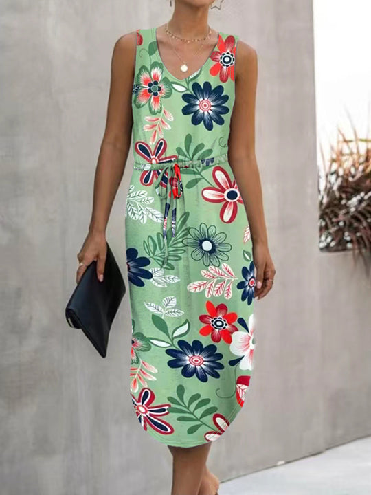 Damen Blumenmaxikleid mit elastischem Taillenkordelzug und seitlichem Schlitz EB