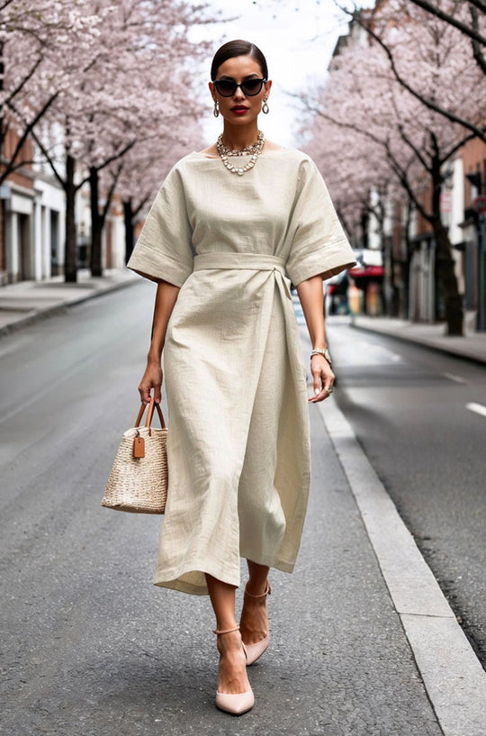 Damen elegantes Midikleid mit breitem Taillengürtel und weiten Ärmeln EB