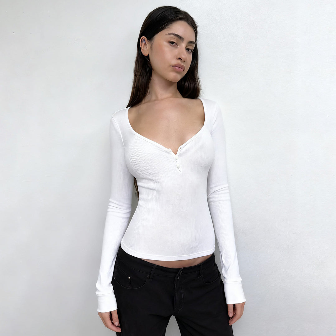 Damen nan figurbetontes geripptes Langarm-Henley-Top mit tiefem V-Ausschnitt und Knopfleiste EB