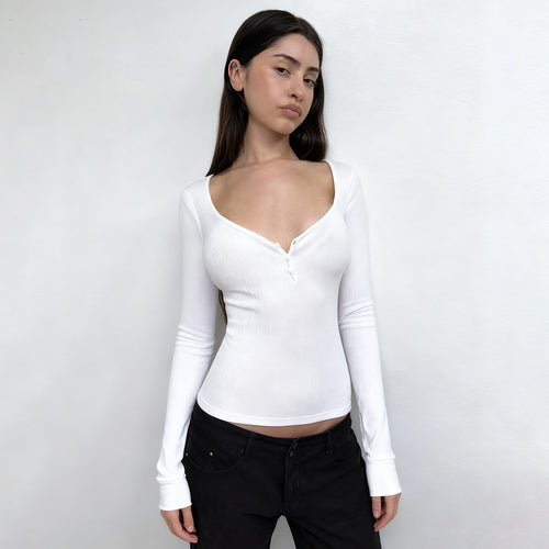 Damen nan figurbetontes geripptes Langarm-Henley-Top mit tiefem V-Ausschnitt und Knopfleiste EB