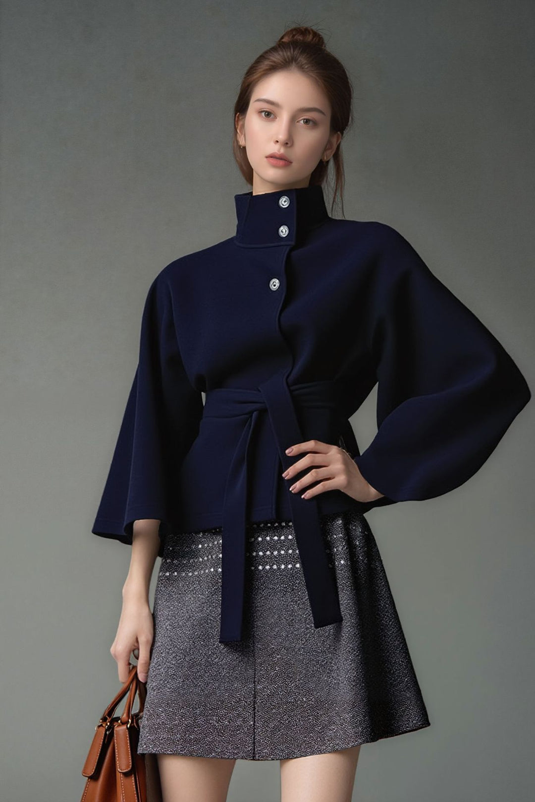 Damen nan kastiges Kurzcape Mantel mit Stehkragen und Bindegürtel EB