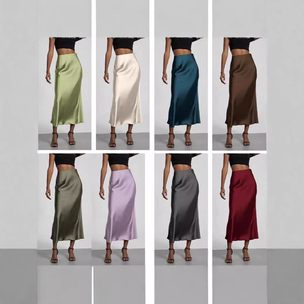 Damen Stilvolle Satin-Stretchrock mit hohem Bund und fließendem Schnitt EB