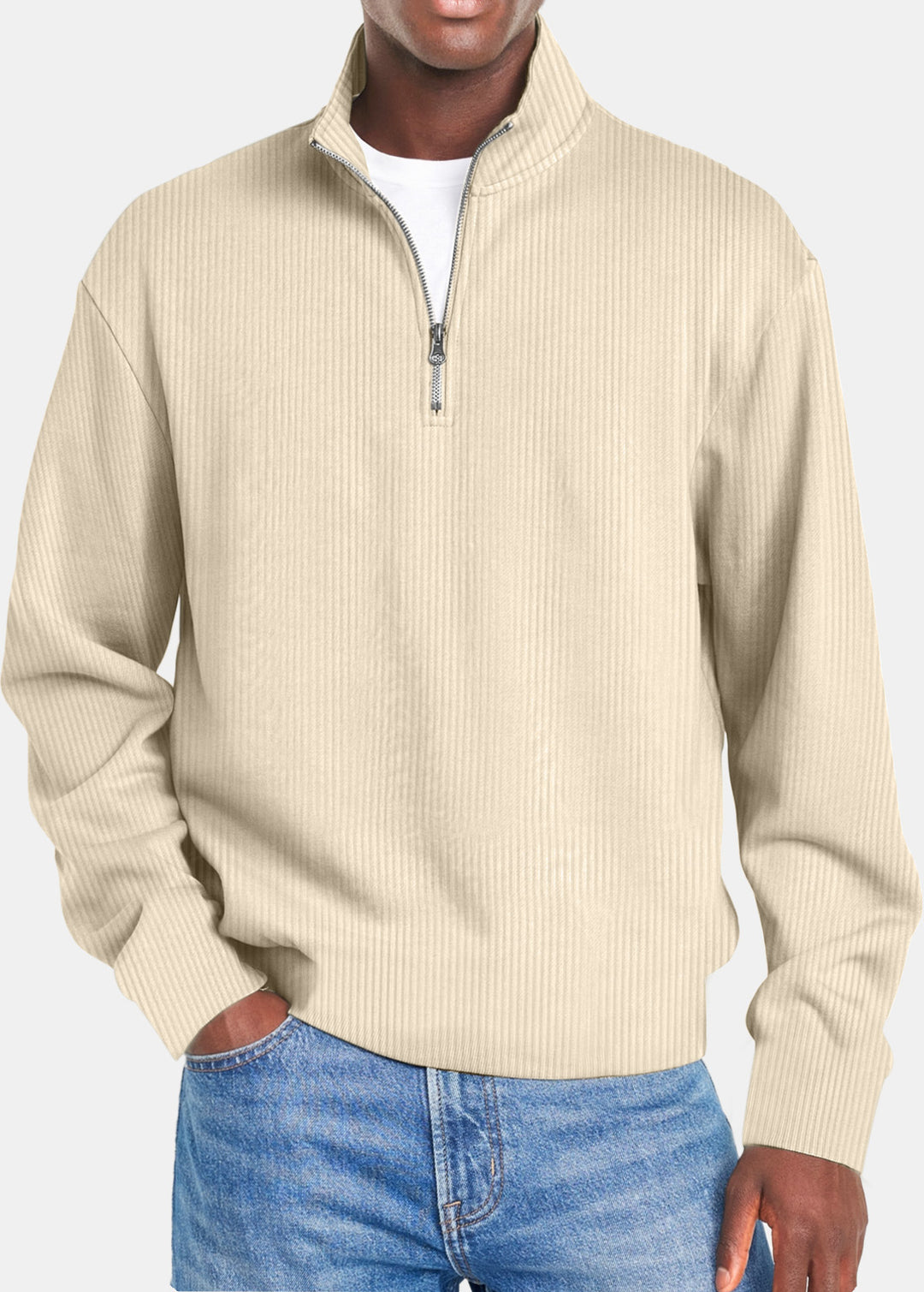 Herren nan gerippter Troyer-Pullover mit Halbzip und Stehkragen EB