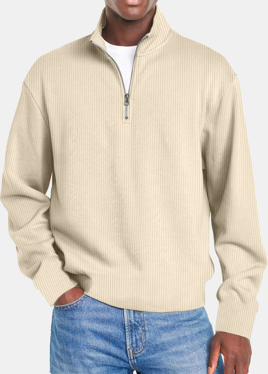 Herren nan gerippter Troyer-Pullover mit Halbzip und Stehkragen EB