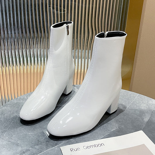Damen nan elegante knöchelhohe Stiefelette in glatter Lederoptik mit mittelhohem Blockabsatz und dezenter Frontnaht EB