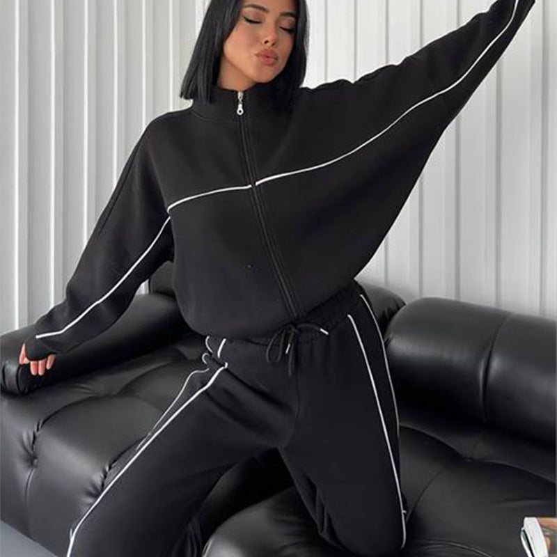 Damen nan Oversize Trainingsanzug Set mit Reißverschluss hohem Kragen und Kontrastpaspeln EB