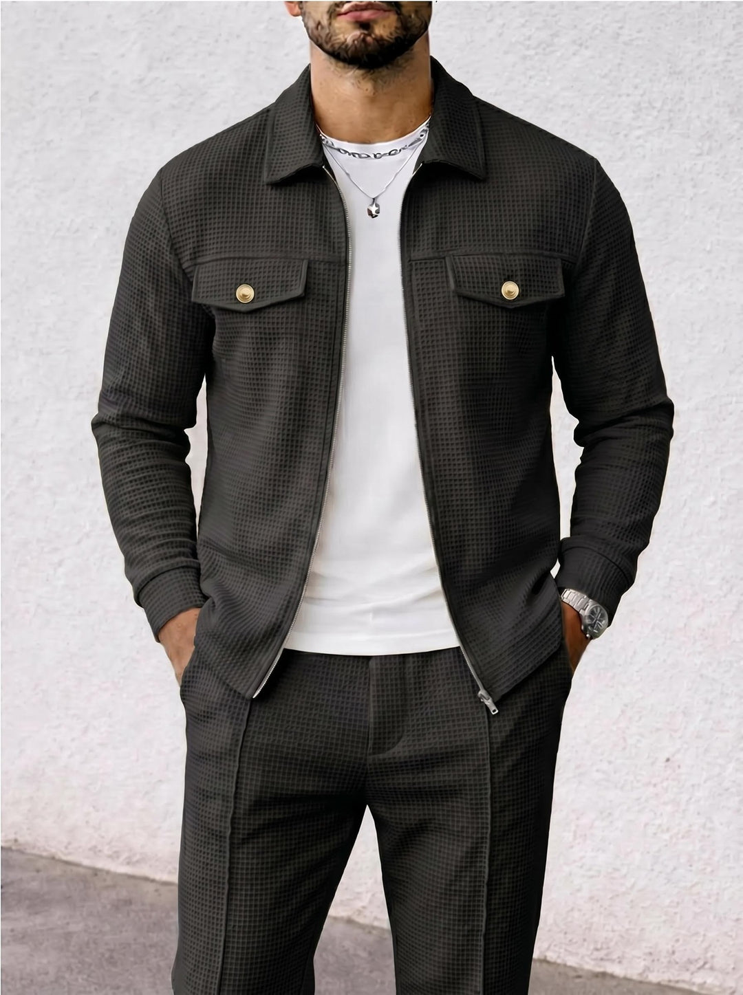 Herren nan strukturierte Overshirt-Jacke mit Waffelstruktur, Pattentaschen und verdecktem Reißverschluss EB