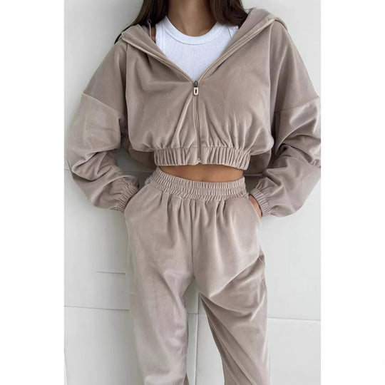 Damen Cropped Samt-Loungewear-Set mit kurzem Reißverschluss, elastischem Taillenbund und weiter Jogginghose EB