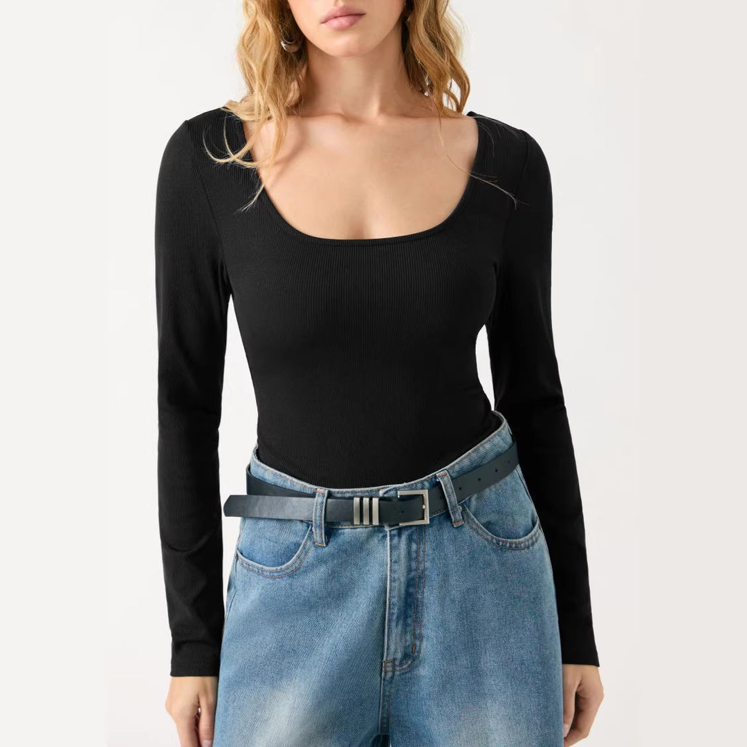 Damen Tailliertes Rippfeinstrick-Longsleeve mit weitem U-Boot-Ausschnitt EB